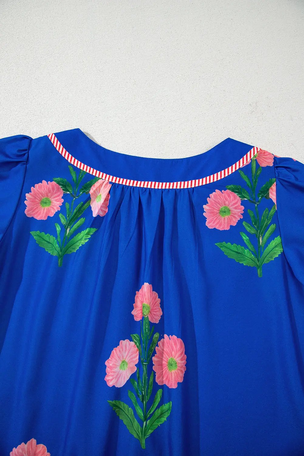 Blue Floral Short Sleeve Split Neck Loose Mini Dress - Love Salve